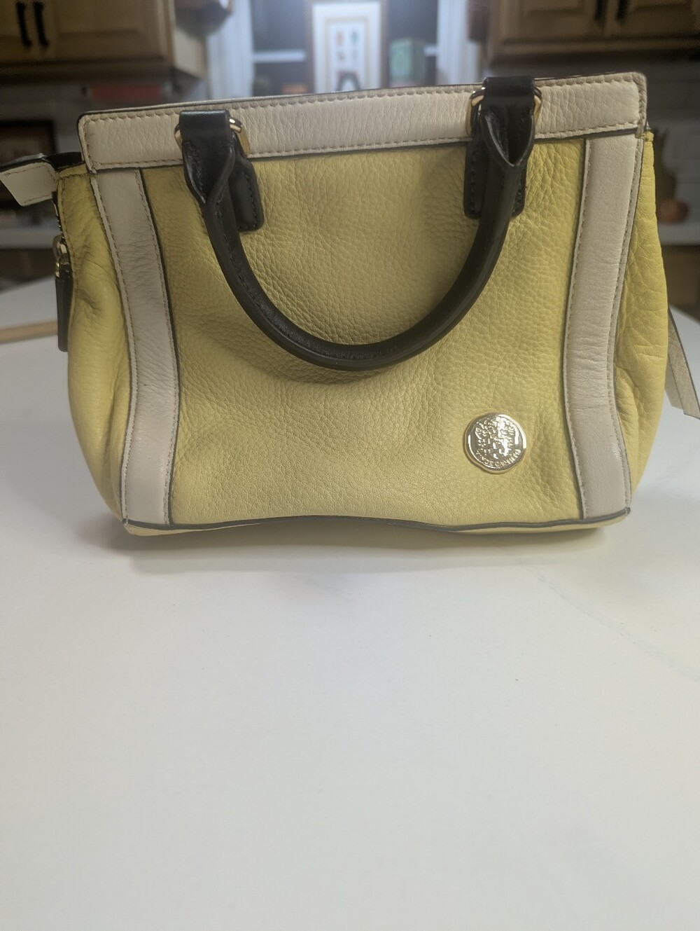 Vince Camuto Siena Leather Satchel Bag Yellow White Colorblock Top Handle Mini
